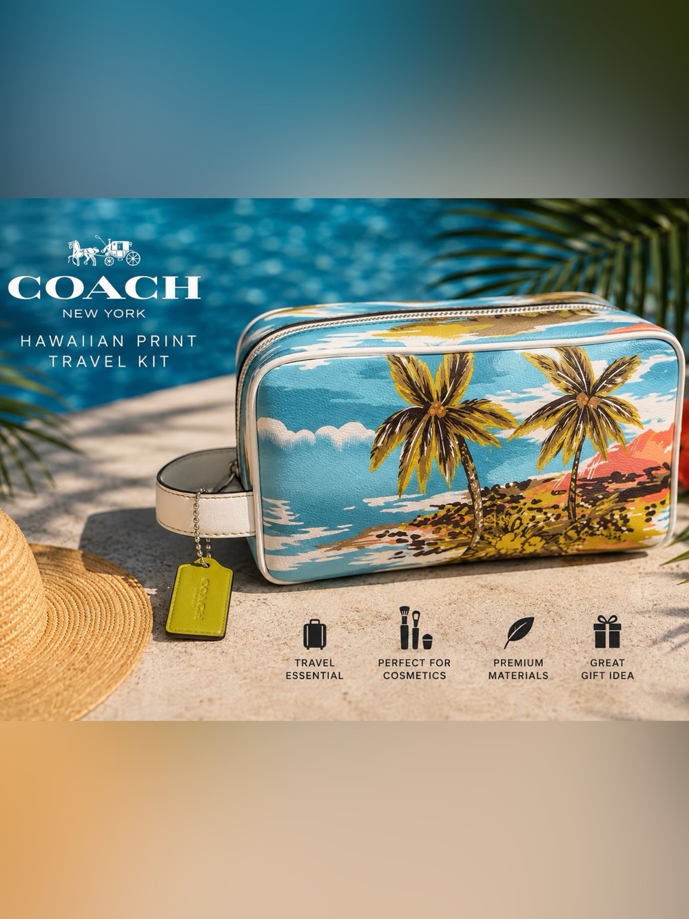 Coach Hawaiian Print Travel Kit Cosmetic Case Blue Multi CK381 Leather Trim